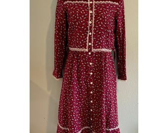 Jaren 70 Gunne Sax rode gebloemde prairiejurk met calico, Cottagecore midi maat 9/10