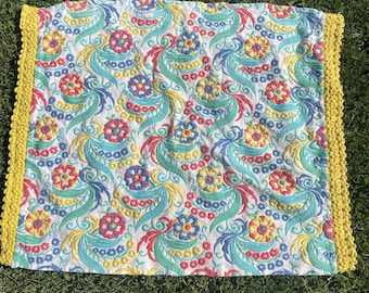 Vintage geborduurd paisley tafelblad wandtapijt loper eclectisch kleurrijk 24 x 30