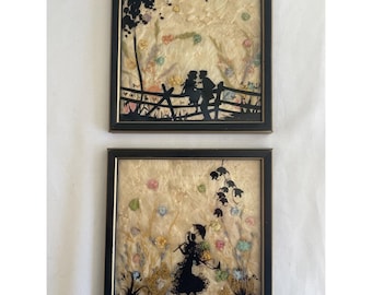2 vintage handschilderingen met omgekeerd silhouet van Mary Fisher met kroontjeskruid gestempeld