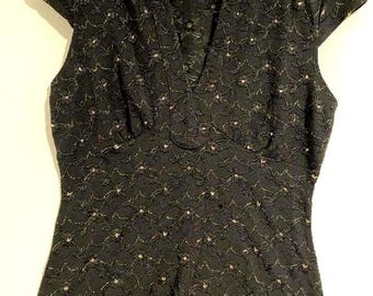 y2k BCX zwarte mesh kanten top, getailleerd metallic goud grote maten retro vintage chic