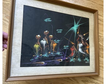 Vintage South African Tribal Gouache Original Painting Matted Wooden Frame 15in