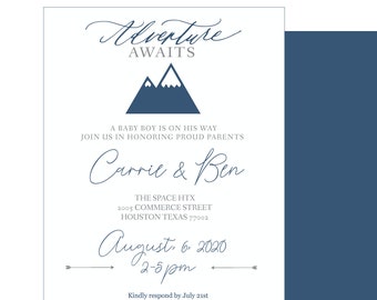 ADVENTURE awaits Baby Shower invitation and book card, gender neutral, baby girl, baby boy, mountain