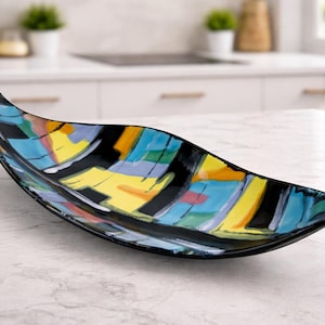 LONGWY Plate, Pigalle pattern earthenware bowl with polychrome geometric decoration, vintage France / French home decor / Display item