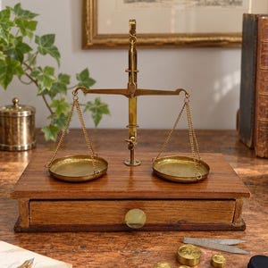 Puede incluir: Una balanza de latón con dos platos circulares suspendidos por cadenas, montada sobre una base rectangular de madera que incluye un cajón con un pomo de latón. Varias pesas pequeñas de latón están dispuestas sobre la superficie.