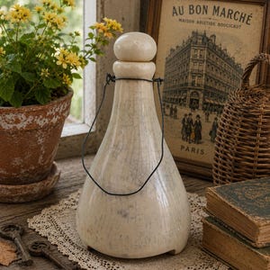 Peut inclure: Une bouteille en céramique de couleur crème avec une finition émaillée craquelée, un bouchon arrondi et une fine anse en fil de fer noir fixée au goulot. La bouteille présente une base large et effilée ainsi qu'une surface lisse et brillante.