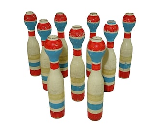 Juego de bolos de madera antiguos / decoración de la habitación del bebé / juego de mesa vintage / colección de juguetes antiguos / decoración shabby chic