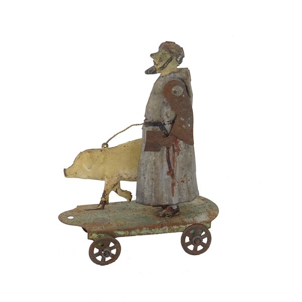 Old sheet metal toy Lehmann Fernand Martin or Victor Bonnet style / Priest with pig / Metal automaton / Baby room decoration