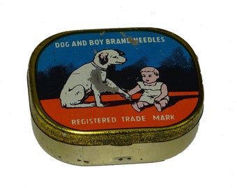 Old sheet metal box full of needles for Dog and Boy brand phonograph / Vintage music collection / vintage music box