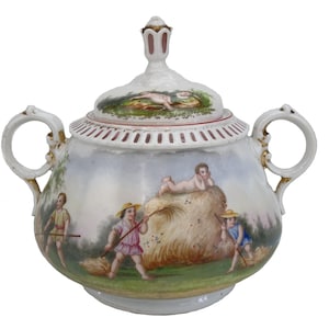 Charming porcelain sugar bowl or candy dish with children and pastoral scene / Old ceramic / Vintage kitchen decoration