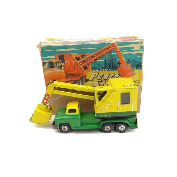 Rare Linemar GMC crane truck toy / Japanese retro sheet metal friction car / old toys / Power Shovel construction vehicle