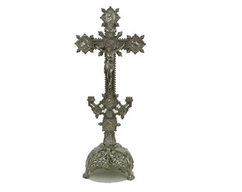 Metal crucifix / Ancient religious sculpture / Religious art collection / Religion devotional object / wall decoration