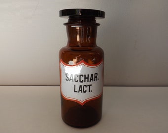 Botella de farmacia de vidrio / Botella médica boticaria / Sacchar Lact / colección de medicamentos / decoración de baño vintage