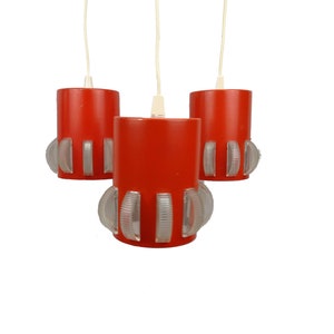 Orange suspension typical of the 70s / Vintage chandelier in metal and plastic / kitchen decoration / triple seventies orange lamp