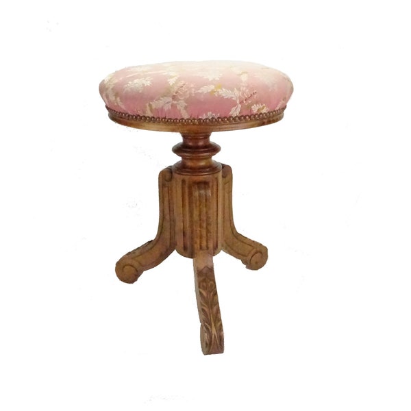 Ancien tabouret rotatif de piano en bois mouluré et vis métallique / décoration maison campagne / déco intérieure et chambre