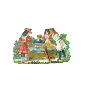 Chromolithographie ancienne du chocolat Poulain / chromo découpi avec fillettes garçon et chien / vieux dessin aquarelle publicitaire