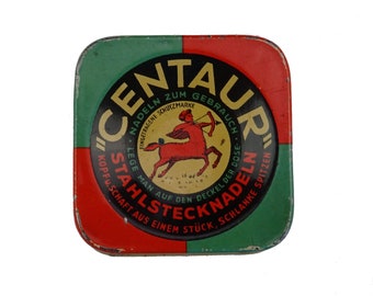 Rare tin box of Centaur pins / haberdashery and sewing collection / vintage tin boxes / knitting work / metal case