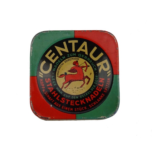 Rare tin box of Centaur pins / haberdashery and sewing collection / vintage tin boxes / knitting work / metal case