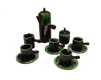 Prächtiges Vallauris Keramik Kaffeeservice / Vintage Französisches Küchendekor / Geschirr / Kitsch Kaffeemaschine