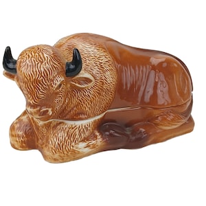 Michel Caugant enameled ceramic terrine in the shape of a bison / Antique terrine for kitchen decoration / French decor