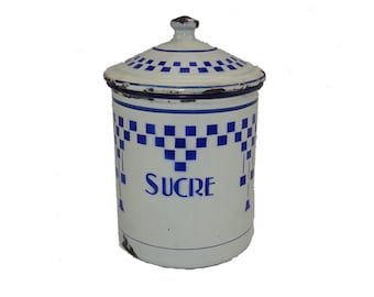 Lustucru enamelled sheet metal sugar pot / Metal sugar bowl for vintage kitchen from France / Breakfast enamel collection / Coffee decoration