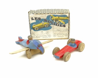 Rare airplane and racing car toys in original box / old wooden toy Eri / Educational game for children / Box Les bolides / model