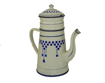 Old coffee maker in lustucru enamelled sheet metal / vintage kitchen decoration / country and nature atmosphere / rural cottage decor / Vichy decor