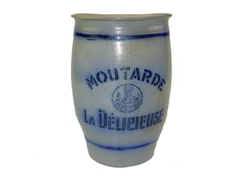 Großes Glas mit dem köstlichen Sandstein-Senf / Vintage-Küchendekoration / altes Tongefäß / Aufbewahrung von Löffeln und Messern