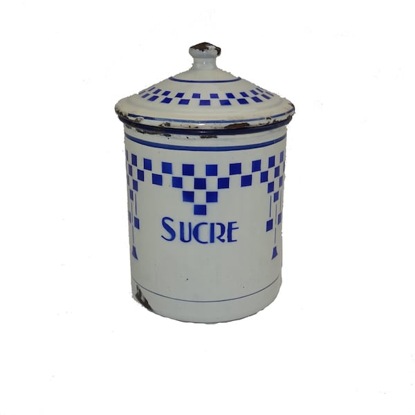 Lustucru enamelled sheet metal sugar pot / Metal sugar bowl for vintage kitchen from France / Breakfast enamel collection / Coffee decoration