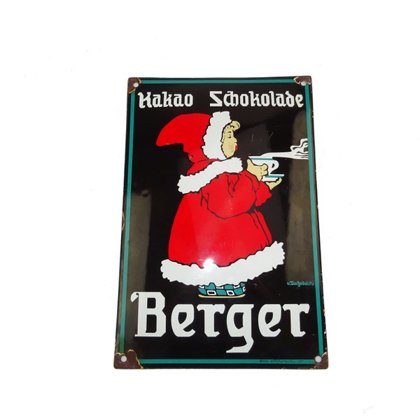 Rare plaque en tôle émaillée de chocolat Berger signée Suchodolski / kakao schokolade / plaque émaillée bombée / décoration de cuisine