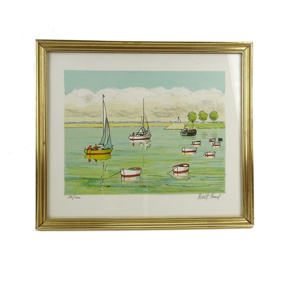 Lithographie de Petit Paul la baie de Somme marée montante / Paysage maritime avec bateaux de pêche / décoration murale / artiste graphiste