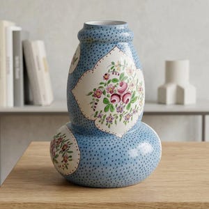 May include: A blue ceramic vase with a gourd-like shape, featuring a dotted texture across the surface and white, scalloped panels decorated with hand-painted floral motifs in shades of pink, green, and purple, with a narrow neck and wide base.
