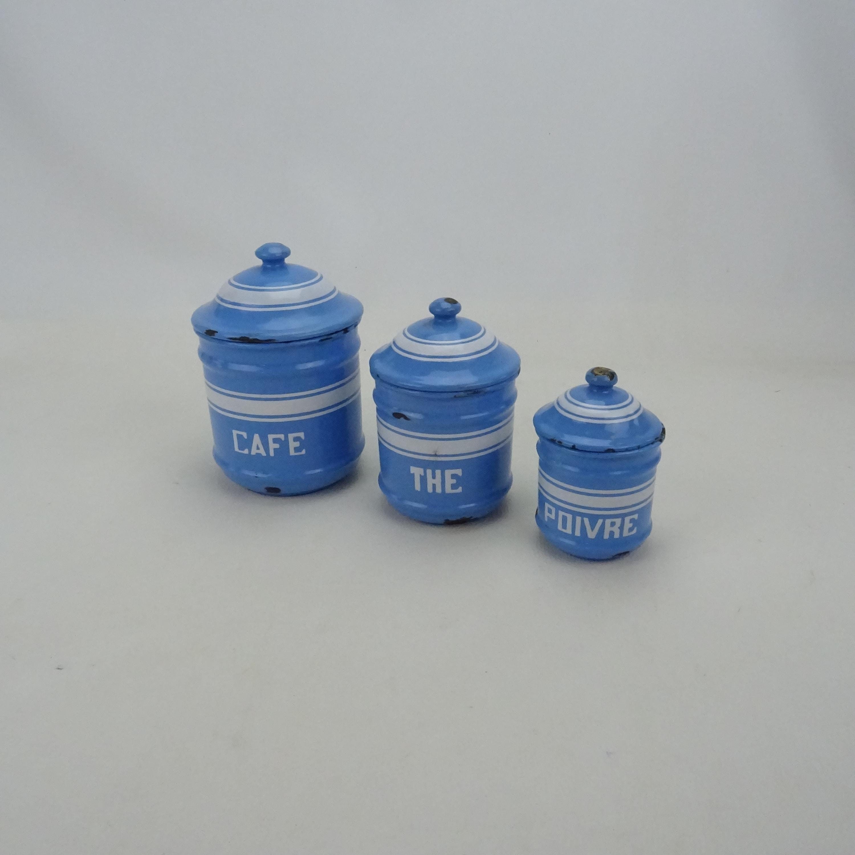 Vintage enameled tin kitchen pots / Metal coffee tea pepper canisters / Old French kitchen decoration / Vintage decor