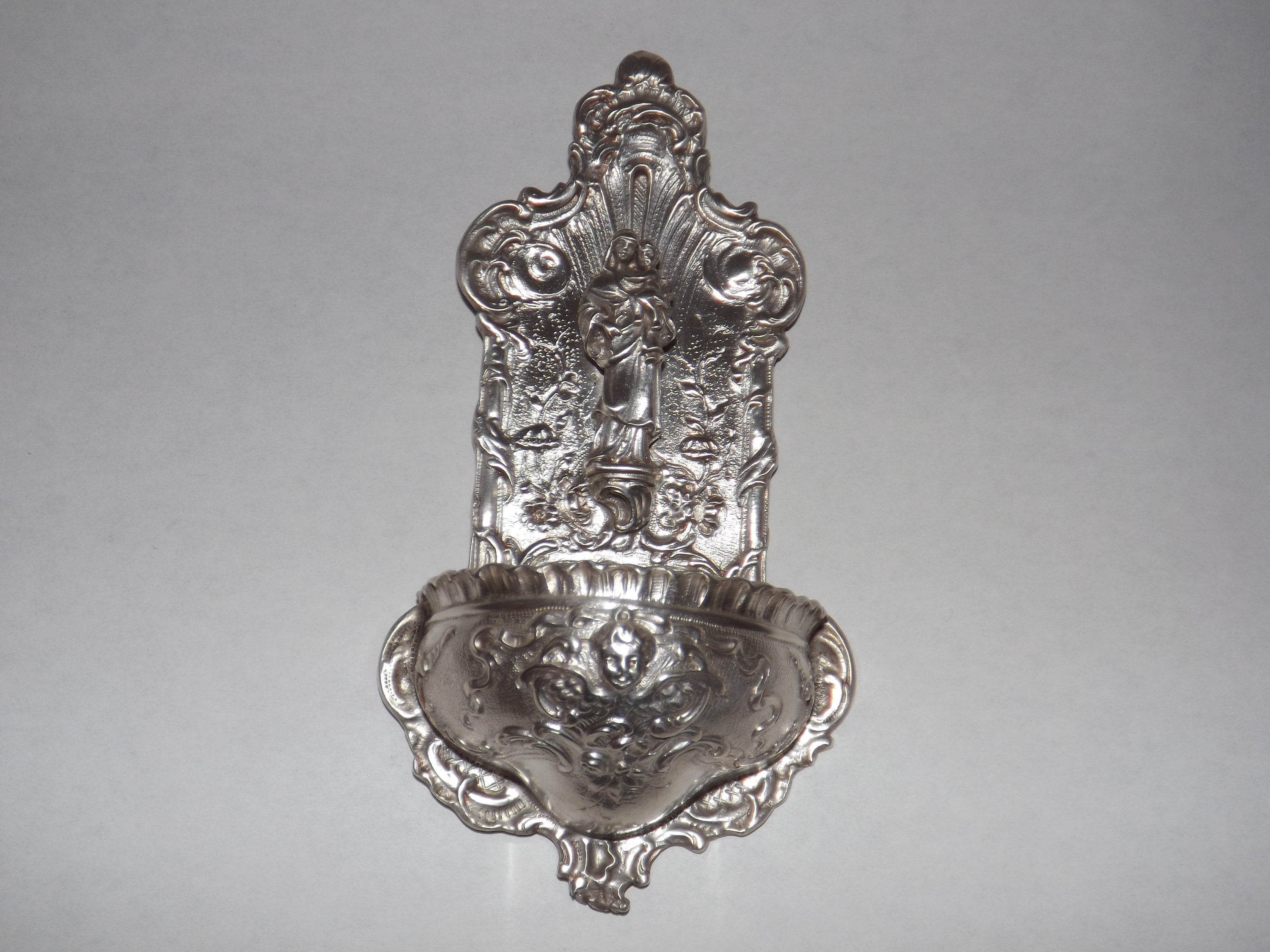 Bénitier en Argent Massif/Sacré Coeur Jésus Objet Religieux Vintage Culte Antiquité Religieuse Dévot