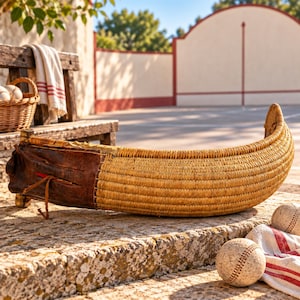 Ancien chistera en bois 68 cm , osier et cuir, Pelote Basque, grand gant, cesta punta, Jai Alai, art populaire sportif, vintage