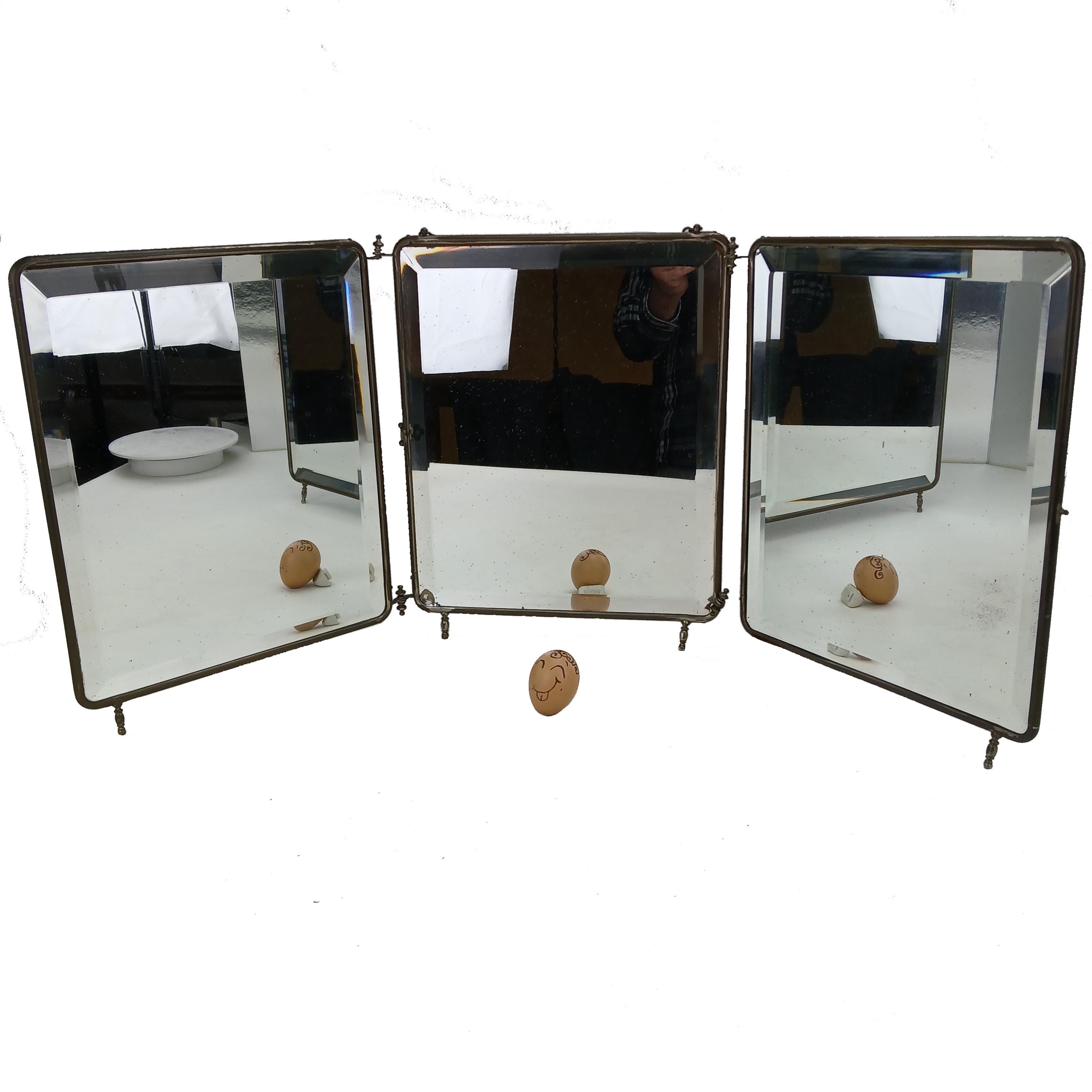 Miroir Triptyque Ancien Biseauté De Barbier/Décoration Vintage Salon Coiffure Salle Bains Déco Rétro Loft Accessoire Rasage