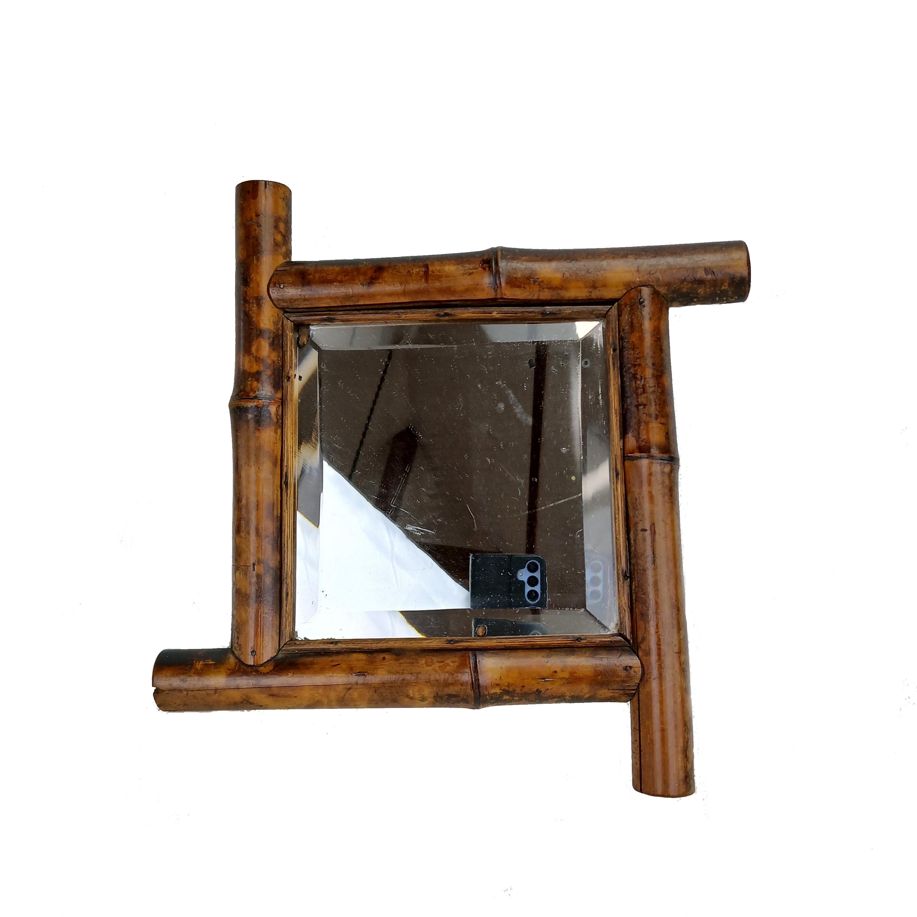 Miroir Ancien En Véritable Bambou, Petit Miroir Décoratif Carré Biseauté, Mural/Déco France Décoration Salle De Bains Et Hall