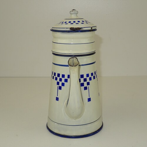 Old coffee maker in lustucru shops enamelled sheet metal / vintage kitchen decoration / country and nature atmosphere / rural cottage decoration / Vichy deco