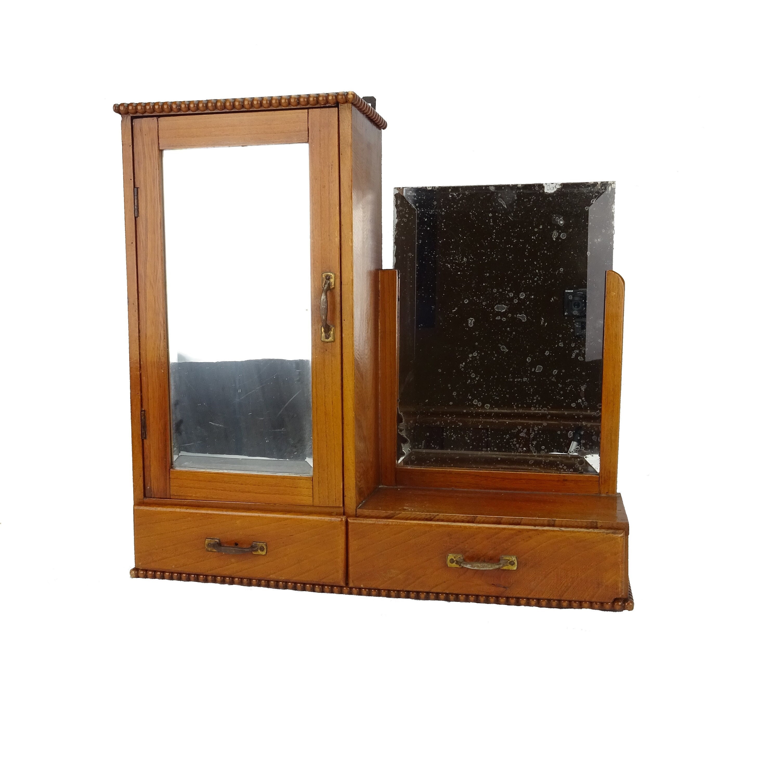 Belle Armoire De Toilette Ancienne En Bois Avec Miroir Biseauté/Meuble À Pharmacie Coiffeuse Décoration Salle Bains Rangement Étagère