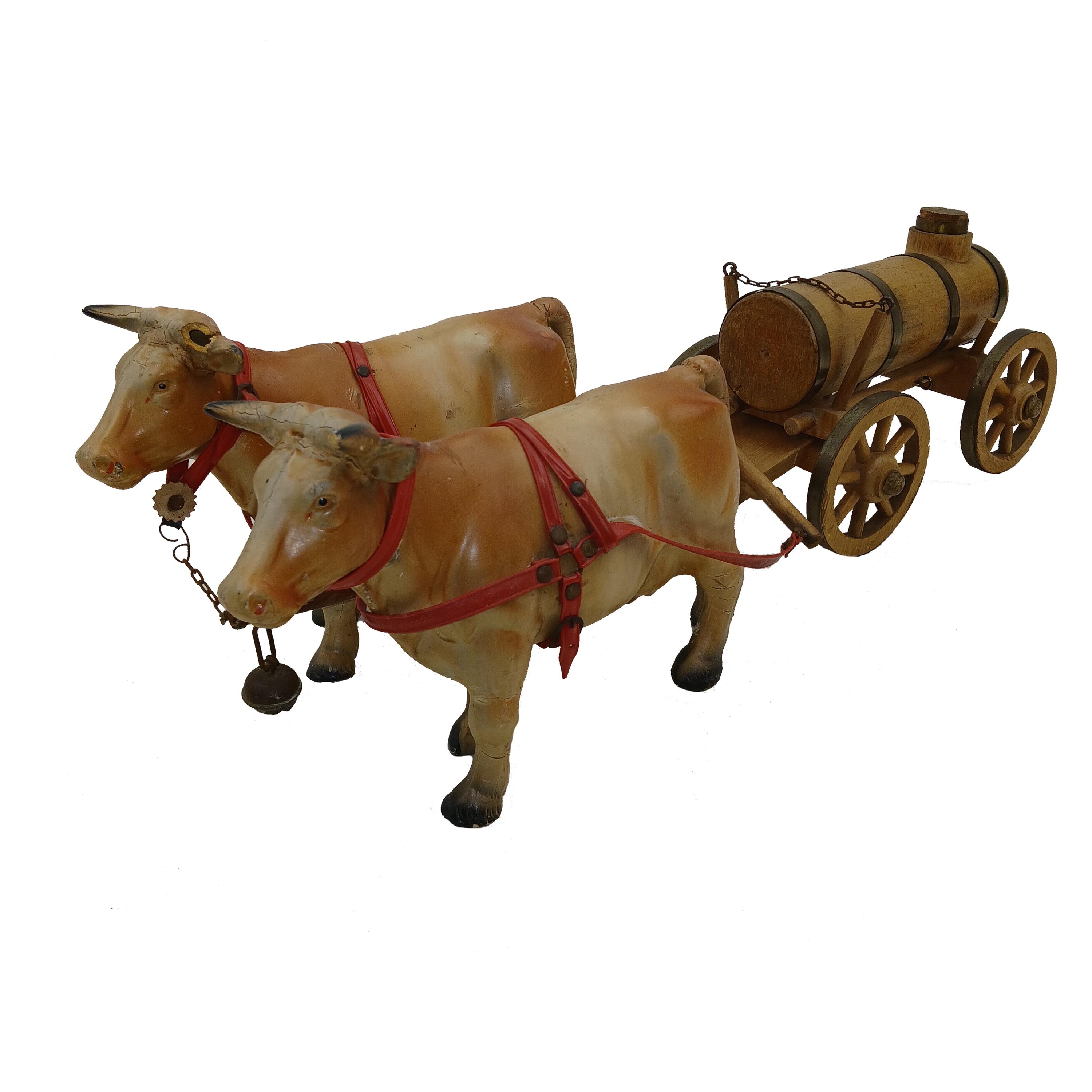 Jouet Ancien En Bois – Paire De Bœufs Avec Charrette à Foin, Décor Rustique