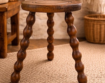 Vintage wooden tripod stool with spool design / plant stand / brutalist solid wood stool / occasional table