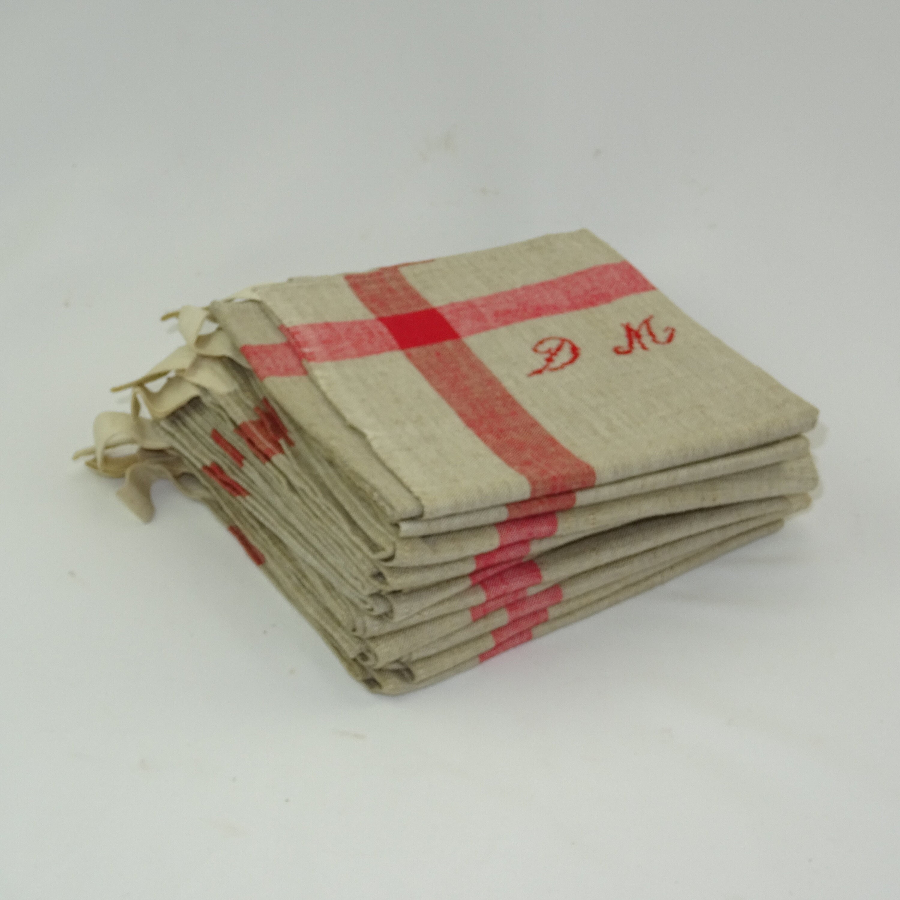 Lot de 11 Torchons en Lin Monogrammés/Serviettes Cuisine Vintage Française Rustiques Rayés Accessoir