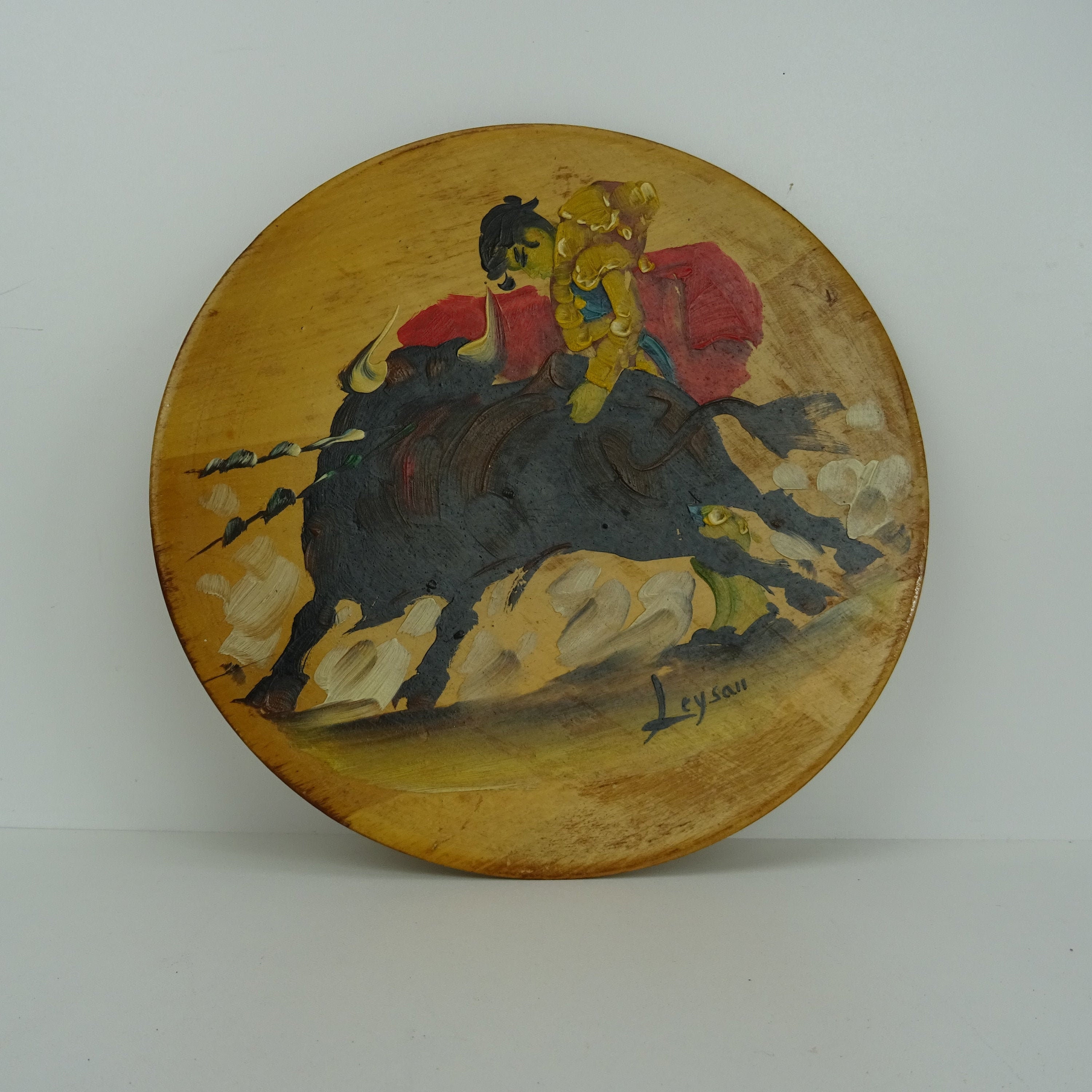 Assiette en Bois Au Décor de Tauromachie/Toréador, Corrida et Taureau Signé Leysan ou Leysau Collect