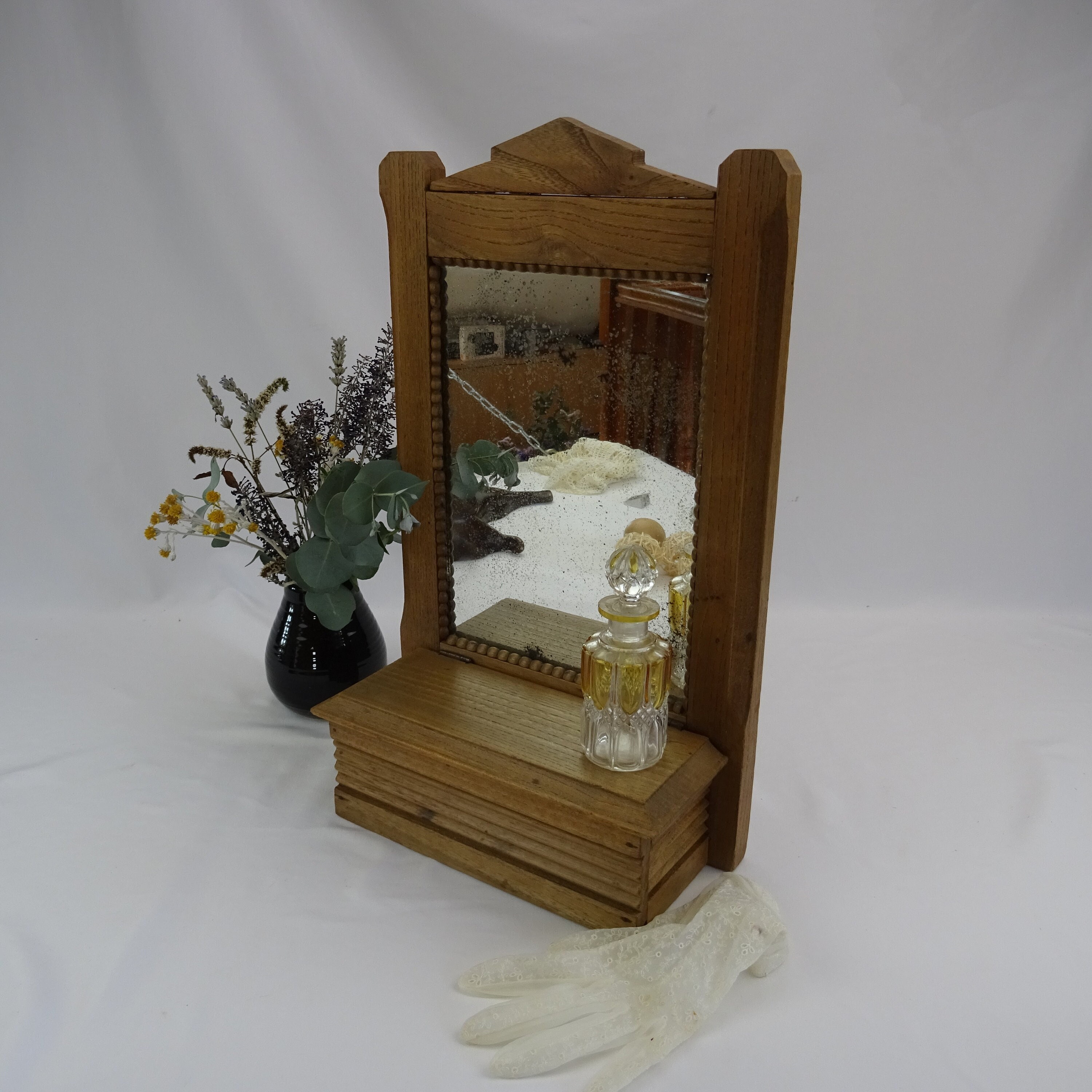 Armoire De Toilette Ancienne En Bois Avec Miroir Ancien/Meuble À Pharmacie Coiffeuse Décoration Salle Bains Rangement Étagère