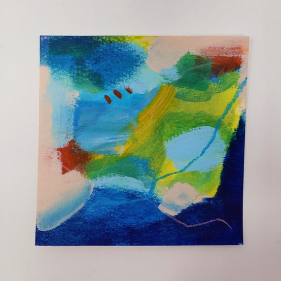 Small Blue Painting Red Abstract Art 4x4 inches art Free Shipping