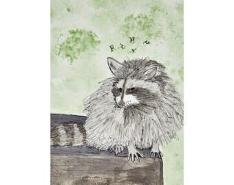 Raccoon art, Animal Wall Art, Wildlife Art, Raccoon Illustration, Animal Painting, Nursery Decor, Cartoon Wall Art, animal artwork