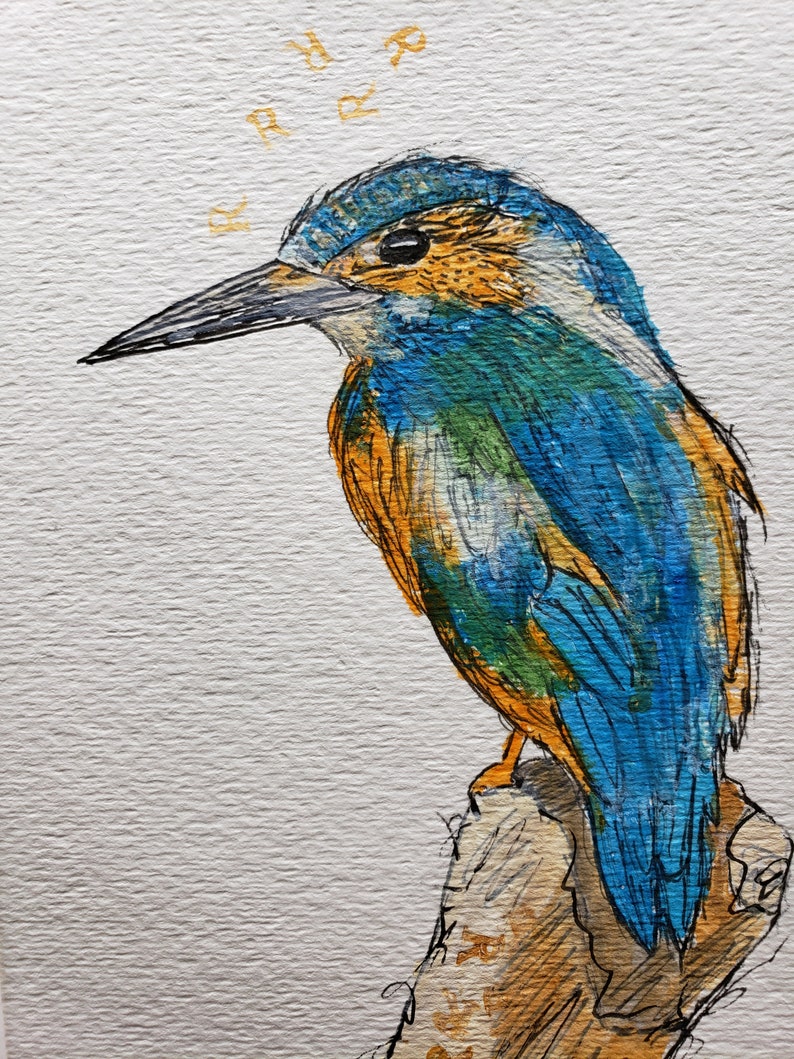 Kingfisher Bird on Branch Original Art Whimsical Blue Bird image 0