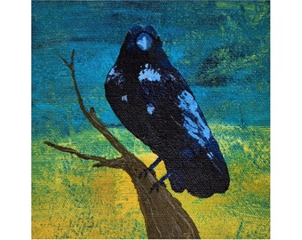 Crow artwork, original black bird art, crow painting, raven art, bird wall art, living room decor, crow art, raven bird art