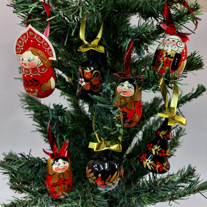 Russian Wooden Christmas tree ornaments. Set of 7 Handmade | Etsy