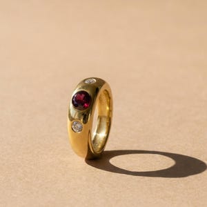 Anillo victoriano de rubí y diamante: banda de oro de 14 quilates o de acero inoxidable con engaste gitano