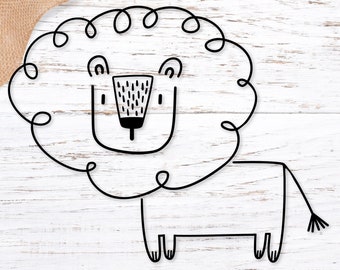May include: Black and white line art illustration of a lion with a curly mane. The lion is standing on a white wooden background.